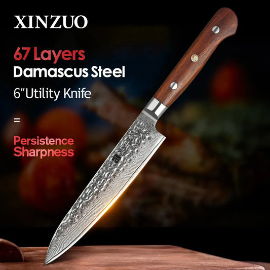 XINZUO 6'' Utility Knife vg10 Damascus Steel Kitchen Utility Knives for Vegetables Rosewood Handle Stainless Steel Paring Knife - petguardiansupplies