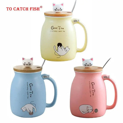 Creative color cat heat-resistant Mug cartoon with lid 450ml cup kitten coffee ceramic mugs children cup office Drinkware gift - petguardiansupplies