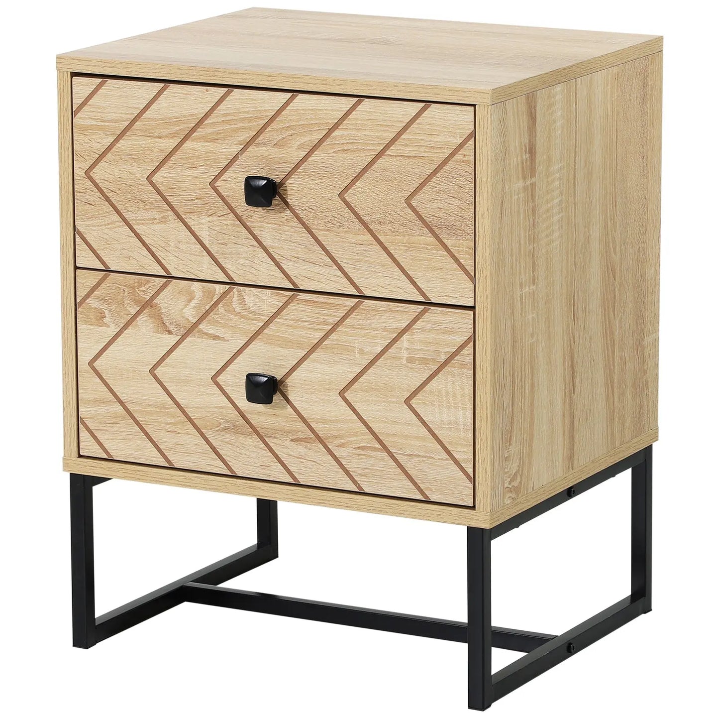 Bedside Table Nightstand Two-Draw Bedroom Storage Unit Unique Zig Zag Design w/ Black Metal Handles Melamine Finish-0