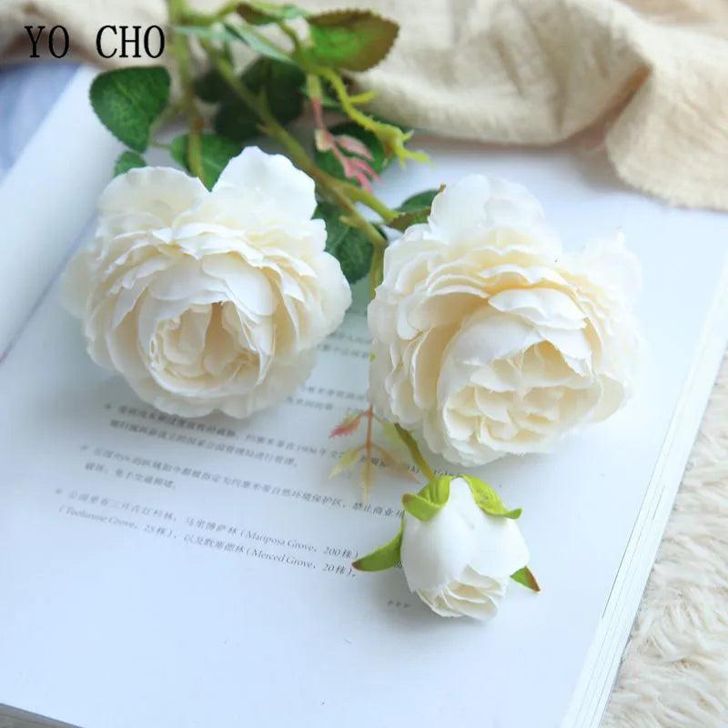 YO CHO Rose Artificial Flowers 3 Heads Pink White Peonies Silk Flower Wedding Garden Decoration Fake Flower Bouquet Peony Color - petguardiansupplies