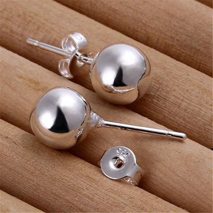 DOTEFFIL 925 Sterling Silver 8/10/12mm Round Smooth Solid Bead Ball Stud Earrings For Women Wedding Engagement Party Jewelry - petguardiansupplies