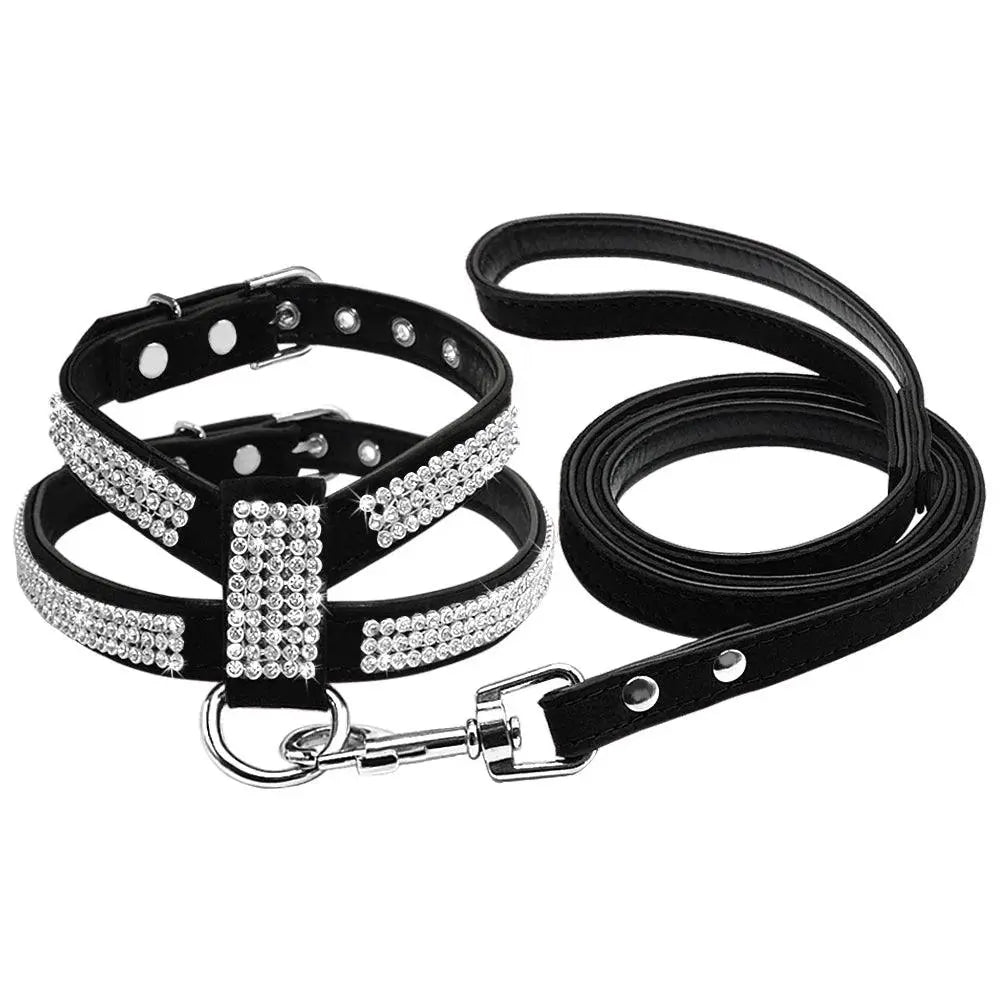 Didog Small Dog Harness And Leash set Suede Leather Rhinestone Pet Harnesses and Walking Leads For Small Medium Dogs Chihuahua - petguardiansupplies