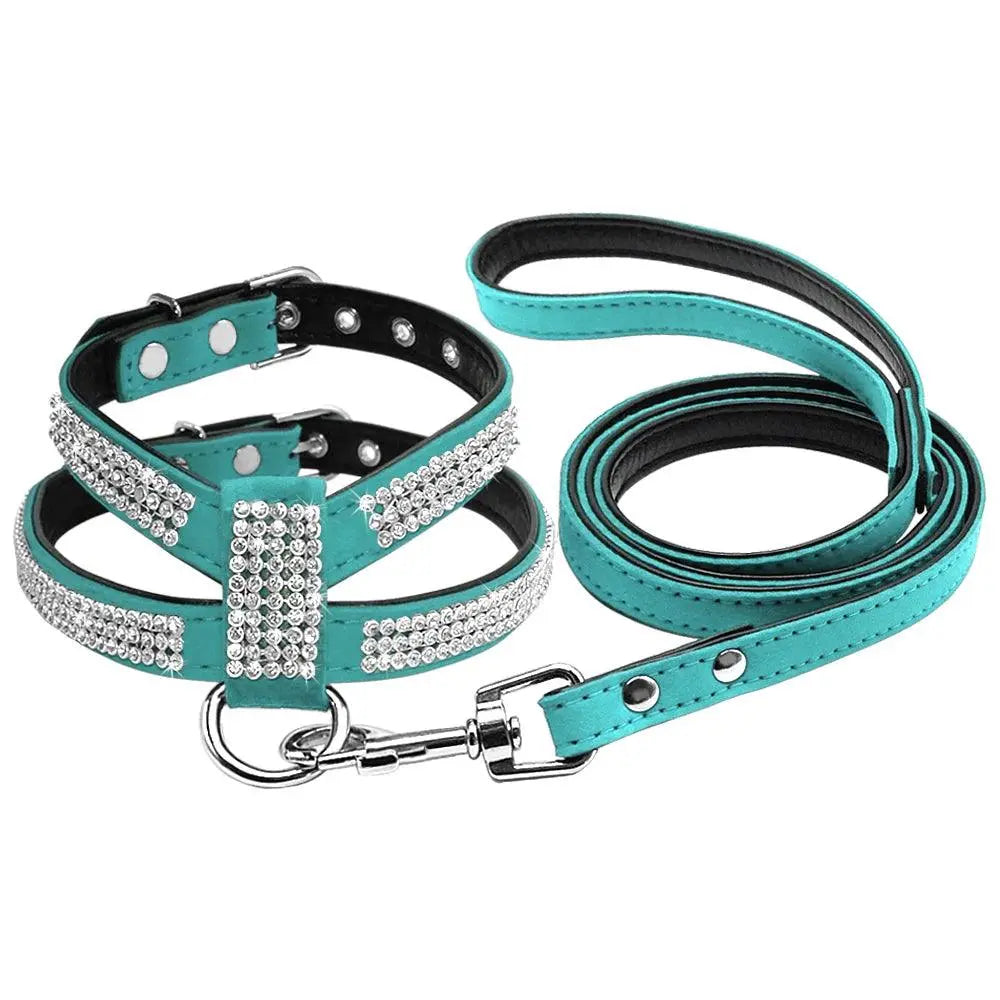 Didog Small Dog Harness And Leash set Suede Leather Rhinestone Pet Harnesses and Walking Leads For Small Medium Dogs Chihuahua - petguardiansupplies