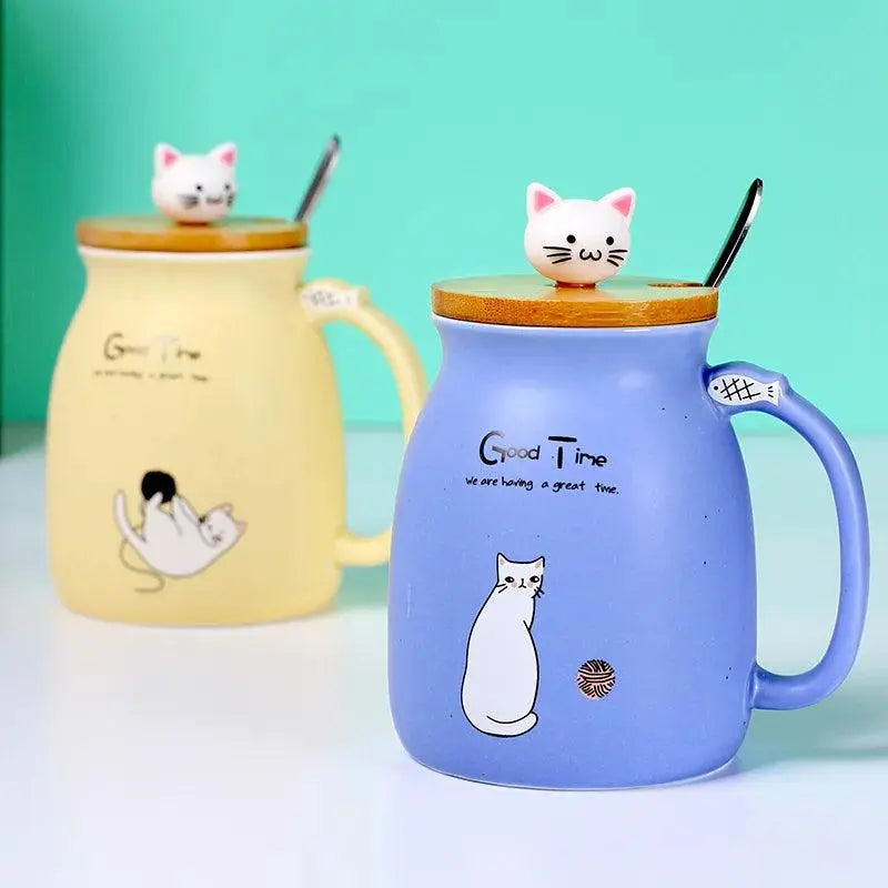 Creative color cat heat-resistant Mug cartoon with lid 450ml cup kitten coffee ceramic mugs children cup office Drinkware gift - petguardiansupplies