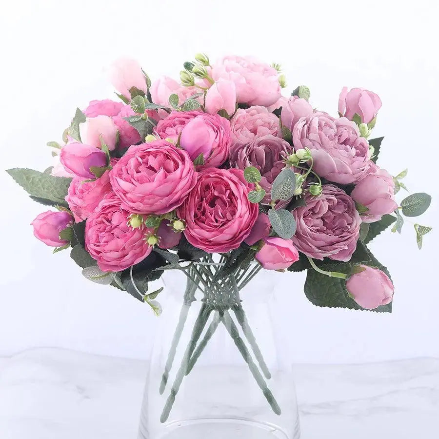 30cm Rose Pink Silk Peony Artificial Flowers Bouquet 5 Big Head and 4 Bud Cheap Fake Flowers for Home Wedding Decoration indoor - petguardiansupplies