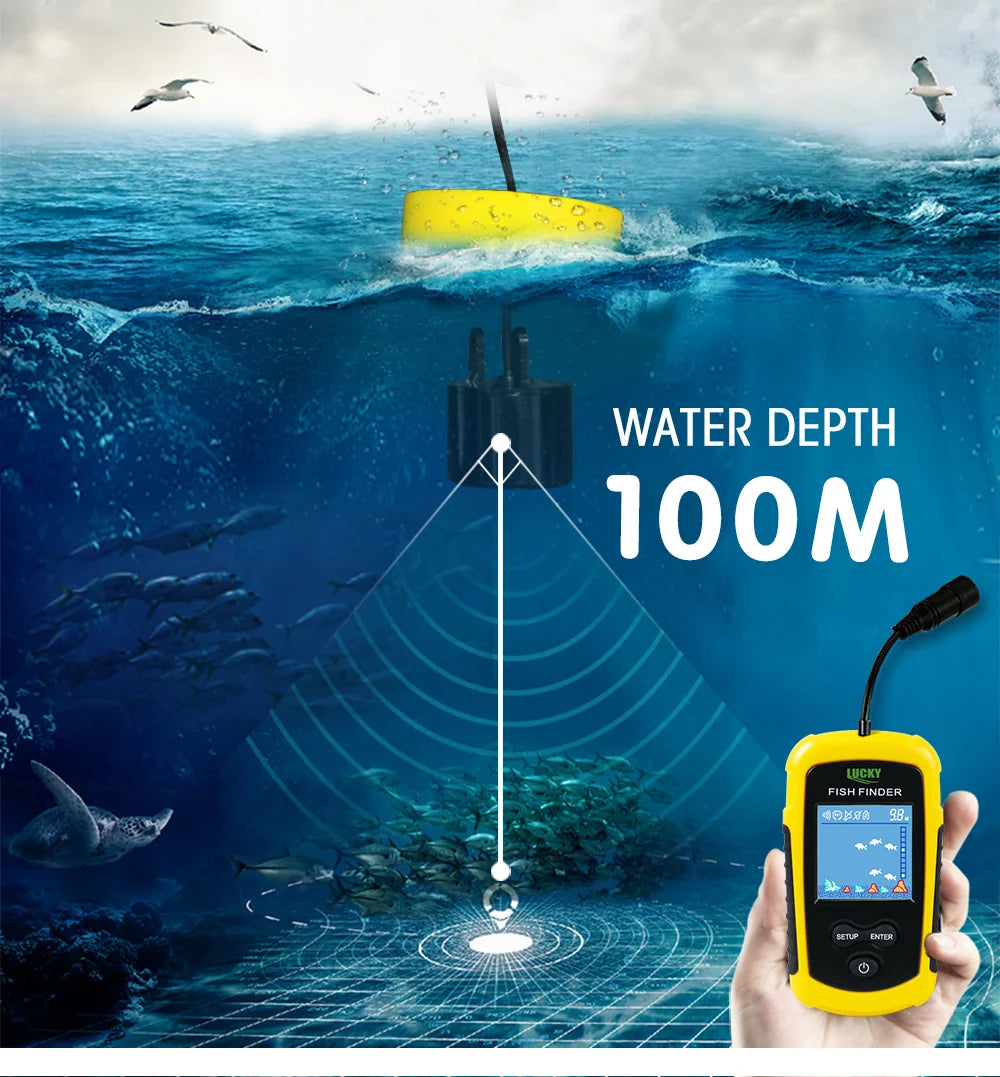 FFC1108-1 Alarm 100M Portable Sonar Fish Finders 45 degrees Sonar Coverage Echo Sounder Alarm Transducer Lake Sea Fishing - petguardiansupplies