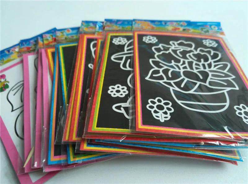 10 pcs 13x 9.8cm Scratch Art Paper Magic Painting Paper with Drawing Stick For Kids Toy Colorful Drawing Toys - petguardiansupplies