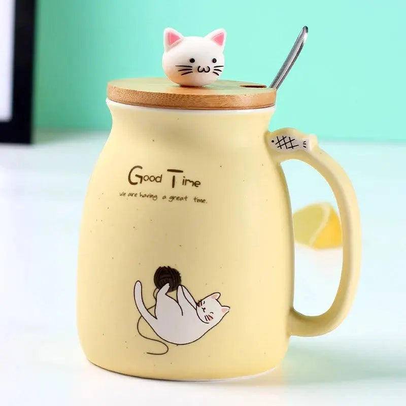 Creative color cat heat-resistant Mug cartoon with lid 450ml cup kitten coffee ceramic mugs children cup office Drinkware gift - petguardiansupplies