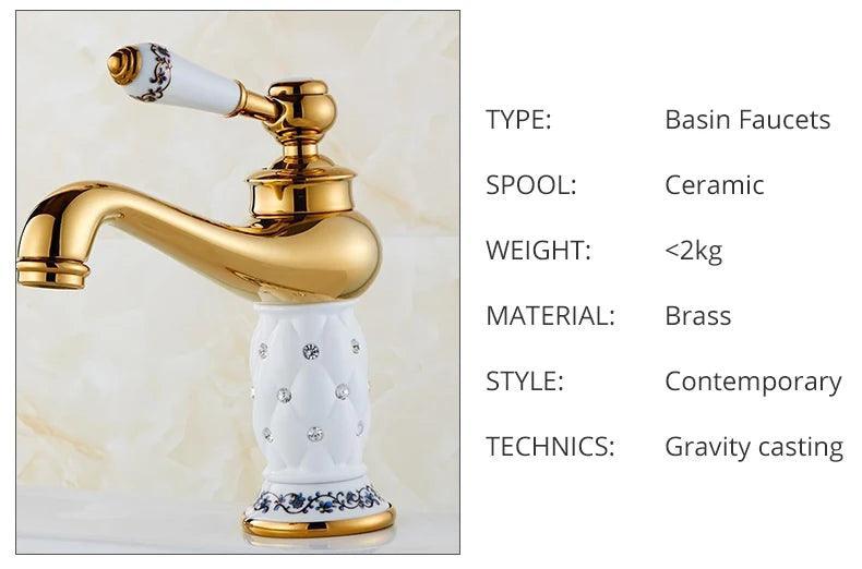 ZGRK Basin Faucets Diamond Gold Bathroom Faucet Single Handle Mixer Tap Hot and Cold Water Mixer Crane Bath Brass Mixer Tap - petguardiansupplies