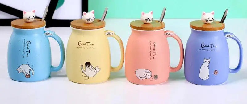 Creative color cat heat-resistant Mug cartoon with lid 450ml cup kitten coffee ceramic mugs children cup office Drinkware gift - petguardiansupplies