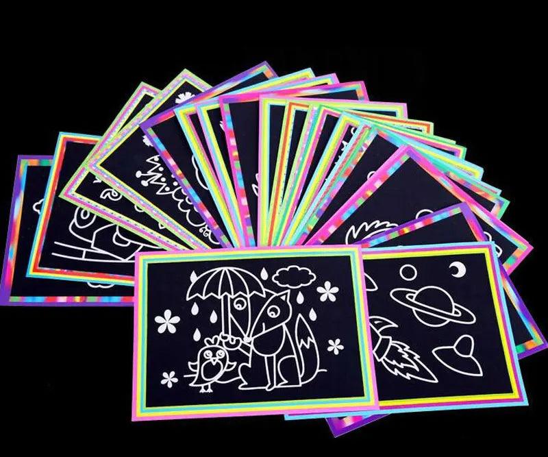 10 pcs 13x 9.8cm Scratch Art Paper Magic Painting Paper with Drawing Stick For Kids Toy Colorful Drawing Toys - petguardiansupplies