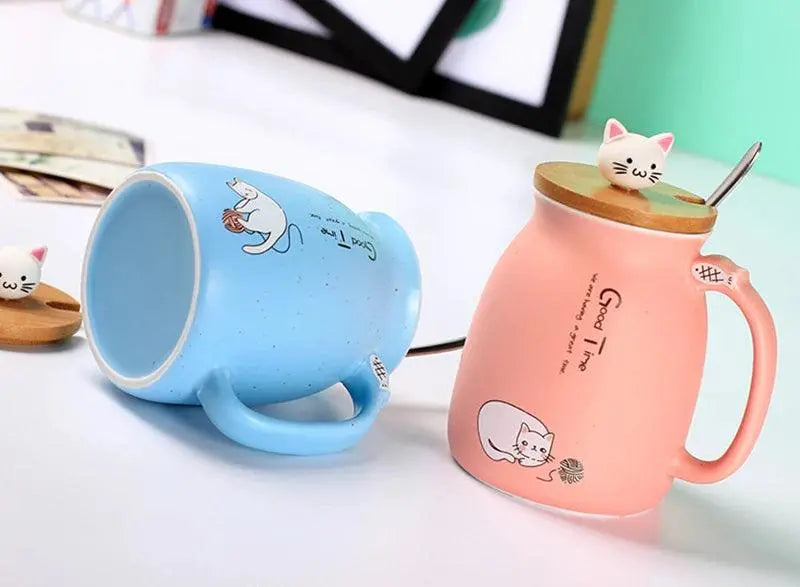 Creative color cat heat-resistant Mug cartoon with lid 450ml cup kitten coffee ceramic mugs children cup office Drinkware gift - petguardiansupplies