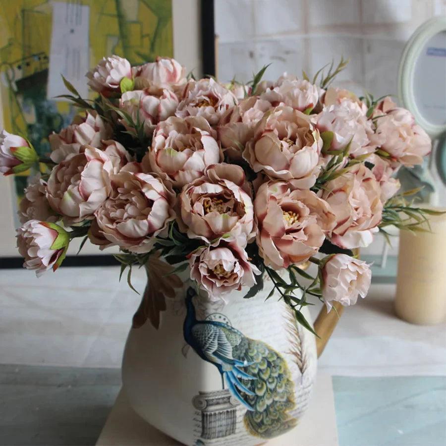 Shabby chic Bouquet European Pretty Bride Wedding Small Peony Silk Flowers Cheap Mini Fake Flowers for Home Decoration Indoor - petguardiansupplies