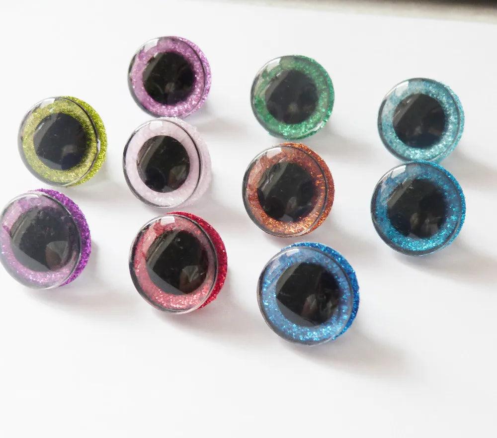 20pcs---9-12-14--16-18- 20 -24--30-35mm clear 3D glitter eyes plastic safety toy eyes long stem + glitter fabric + washer - petguardiansupplies