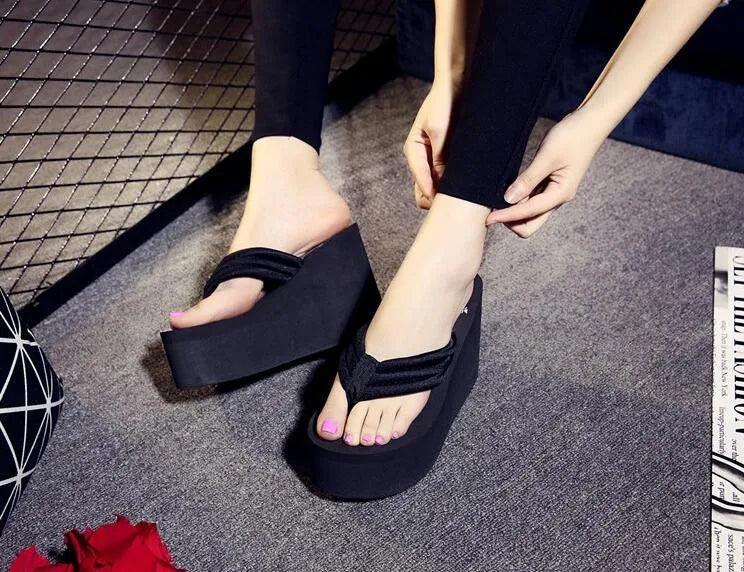 Summer New Arrival Women Chunky Sandals Super High Heels Wedges Flip Flops Lady Pure Color Water Taiwan Shoes Plus Size 40 41 - petguardiansupplies