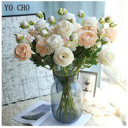 YO CHO Rose Artificial Flowers 3 Heads Pink White Peonies Silk Flower Wedding Garden Decoration Fake Flower Bouquet Peony Color - petguardiansupplies