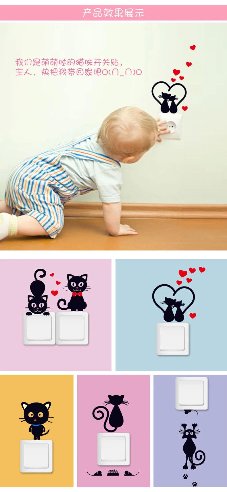 DIY Creative Black Cat Love Cartoon Removable Switch Stickers PVC Wall Sticker Vinyl Decals Home Decor Wallpaper Socket Paste - petguardiansupplies