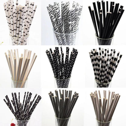 25pcs Black Paper Drinking Straws Star Striped Mustache zebra Paper Straw for Baby Shower Wedding Birthday Halloween Party Decor - petguardiansupplies