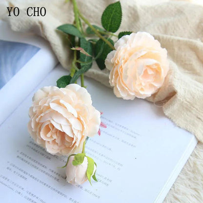 YO CHO Rose Artificial Flowers 3 Heads Pink White Peonies Silk Flower Wedding Garden Decoration Fake Flower Bouquet Peony Color - petguardiansupplies