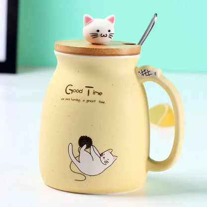 Creative color cat heat-resistant Mug cartoon with lid 450ml cup kitten coffee ceramic mugs children cup office Drinkware gift - petguardiansupplies