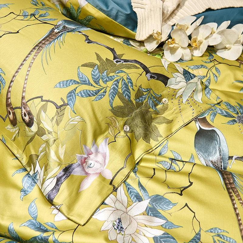 Silky Egyptian cotton Yellow Chinoiserie style Birds Flowers Duvet Cover Bed sheet Fitted sheet set King Size Queen Bedding Set - petguardiansupplies