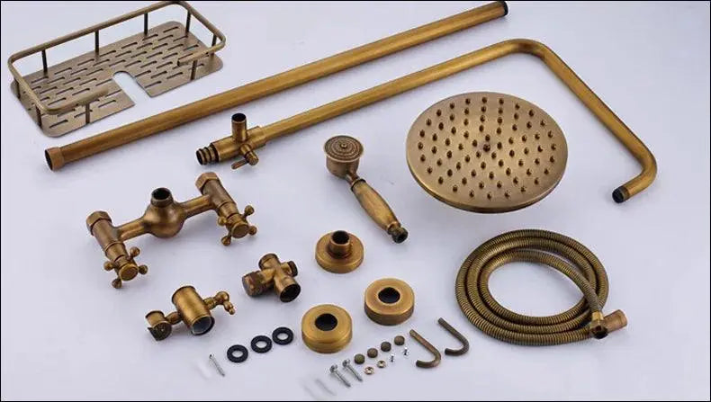 Brass Antique Shower Faucets Set  Porcelain Ceramic Shower Column Swivel Rotate Bath Spout Dual Knobs Mixer Tap Bath Shower Kit - petguardiansupplies