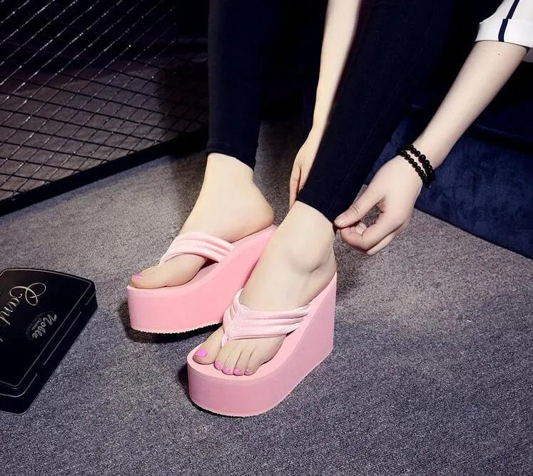 Summer New Arrival Women Chunky Sandals Super High Heels Wedges Flip Flops Lady Pure Color Water Taiwan Shoes Plus Size 40 41 - petguardiansupplies