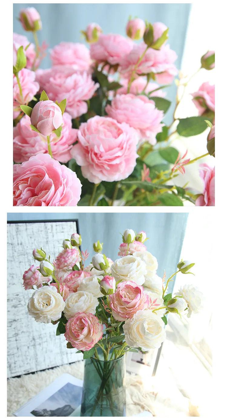 YO CHO Rose Artificial Flowers 3 Heads Pink White Peonies Silk Flower Wedding Garden Decoration Fake Flower Bouquet Peony Color - petguardiansupplies