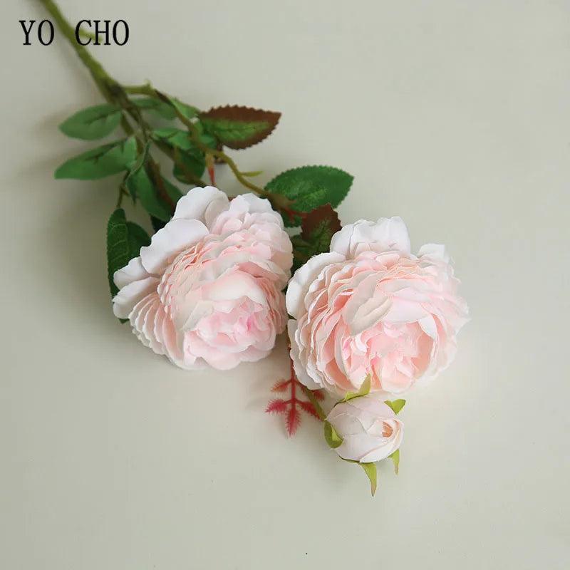 YO CHO Rose Artificial Flowers 3 Heads Pink White Peonies Silk Flower Wedding Garden Decoration Fake Flower Bouquet Peony Color - petguardiansupplies