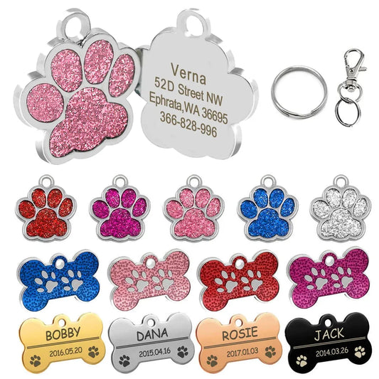 Personalized Dog Tags Engraved Cat Puppy Pet ID Name Collar Tag Pendant Pet Accessories Bone/Paw Glitter - petguardiansupplies