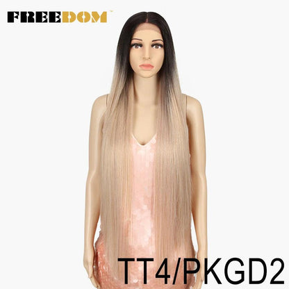 FREEDOM Synthetic Lace Front Wigs For Women Super Long 38Inch Ombre Blonde Highlight Ginger Straight Lace Wigs Cosplay Wigs - petguardiansupplies