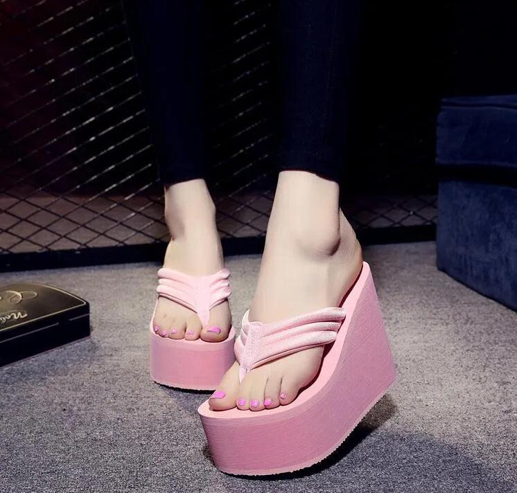 Summer New Arrival Women Chunky Sandals Super High Heels Wedges Flip Flops Lady Pure Color Water Taiwan Shoes Plus Size 40 41 - petguardiansupplies