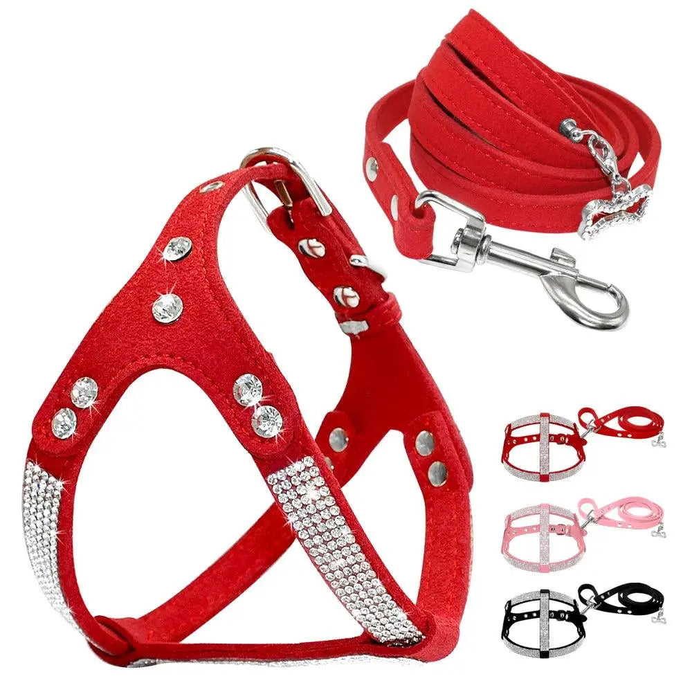 Didog Small Dog Harness And Leash set Suede Leather Rhinestone Pet Harnesses and Walking Leads For Small Medium Dogs Chihuahua - petguardiansupplies