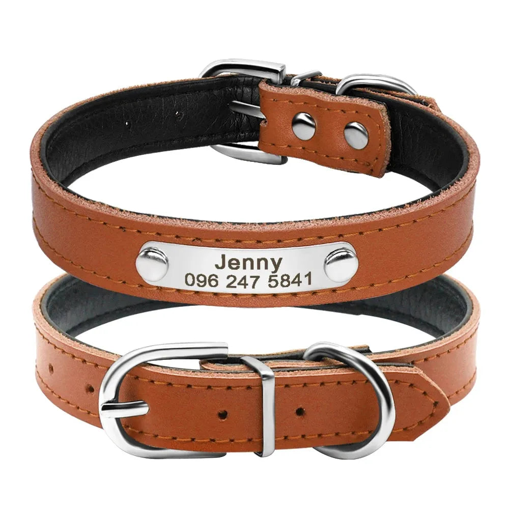 Leather Dog Collar Inner Padded Custom Personalized Dog Collars with Engraved Nameplate ID Tag For Small Medium Dogs - petguardiansupplies