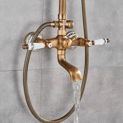 Brass Antique Shower Faucets Set  Porcelain Ceramic Shower Column Swivel Rotate Bath Spout Dual Knobs Mixer Tap Bath Shower Kit - petguardiansupplies