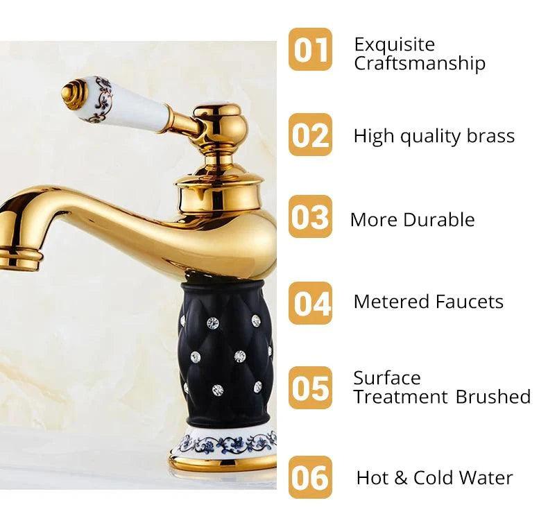 ZGRK Basin Faucets Diamond Gold Bathroom Faucet Single Handle Mixer Tap Hot and Cold Water Mixer Crane Bath Brass Mixer Tap - petguardiansupplies