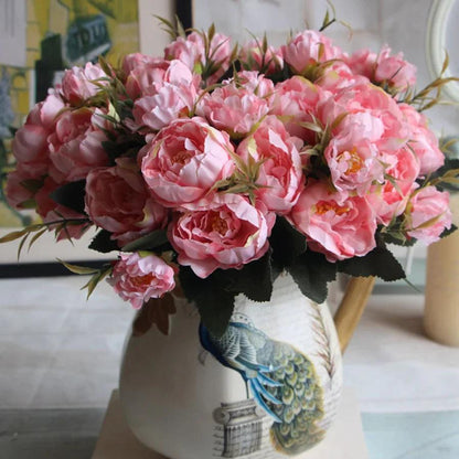 Shabby chic Bouquet European Pretty Bride Wedding Small Peony Silk Flowers Cheap Mini Fake Flowers for Home Decoration Indoor - petguardiansupplies