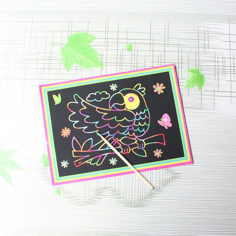 10 pcs 13x 9.8cm Scratch Art Paper Magic Painting Paper with Drawing Stick For Kids Toy Colorful Drawing Toys - petguardiansupplies