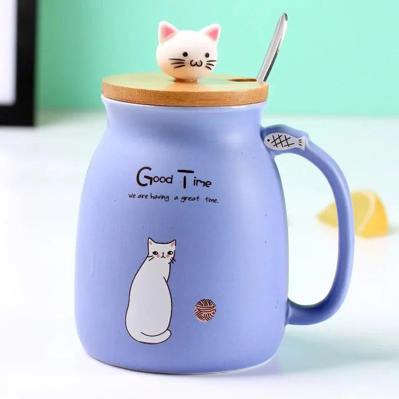 Creative color cat heat-resistant Mug cartoon with lid 450ml cup kitten coffee ceramic mugs children cup office Drinkware gift - petguardiansupplies