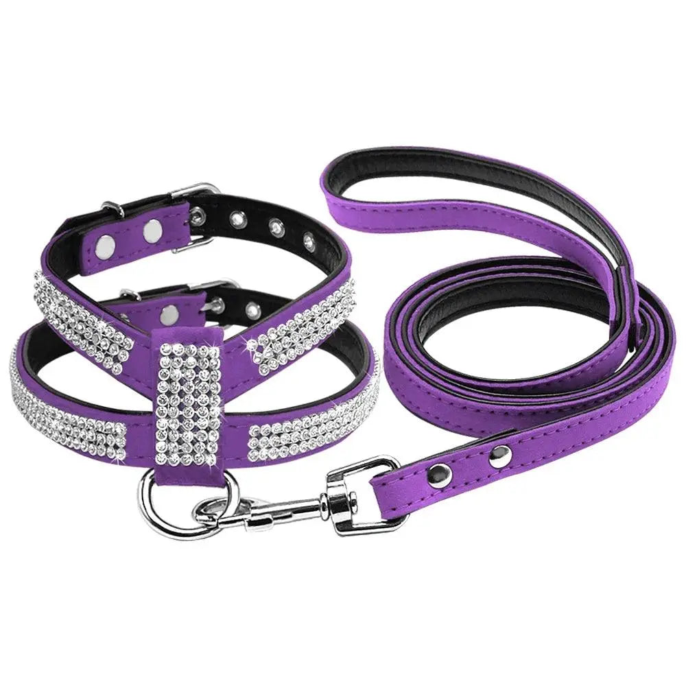 Didog Small Dog Harness And Leash set Suede Leather Rhinestone Pet Harnesses and Walking Leads For Small Medium Dogs Chihuahua - petguardiansupplies