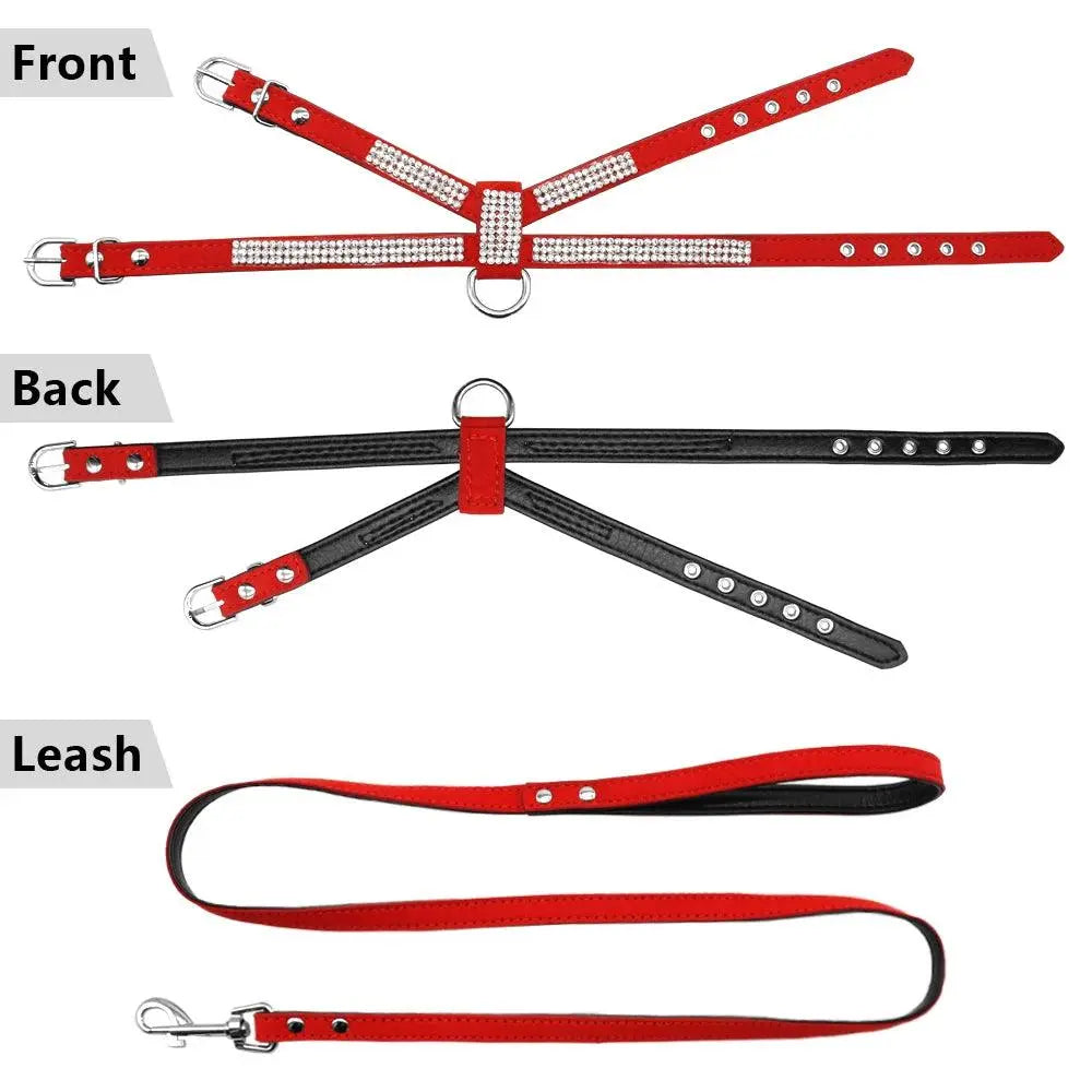 Didog Small Dog Harness And Leash set Suede Leather Rhinestone Pet Harnesses and Walking Leads For Small Medium Dogs Chihuahua - petguardiansupplies