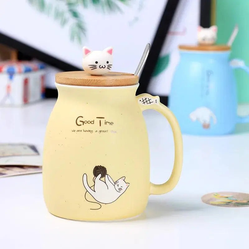 Creative color cat heat-resistant Mug cartoon with lid 450ml cup kitten coffee ceramic mugs children cup office Drinkware gift - petguardiansupplies