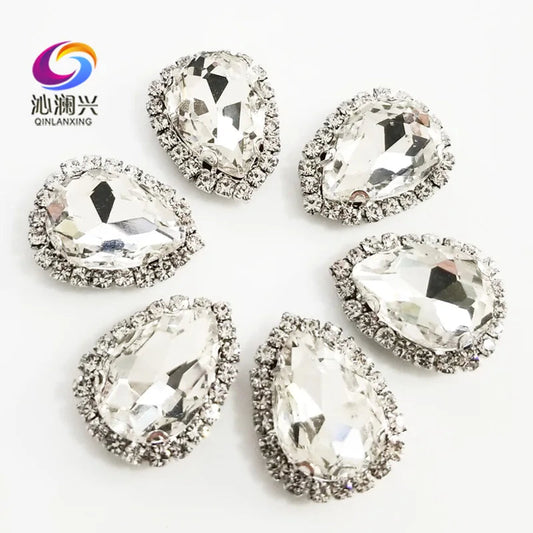 Factory Sales Top Grade Silver Bottom Glass Crystal Buckle,white Drop Shape Sew on Rhinestones,Diy/wedding Decoration - petguardiansupplies