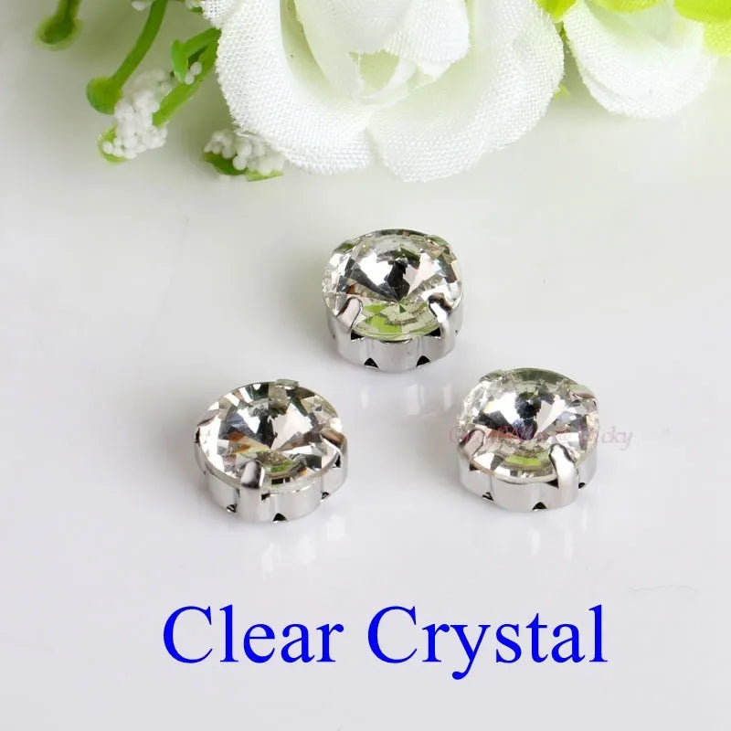 Glass Rhinestones! Satellite / Round Shape Diamond With Claw Sew On Strass Metal Base Buckle Crystal Stone Beads For Clothes - petguardiansupplies