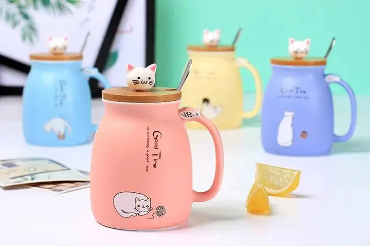 Creative color cat heat-resistant Mug cartoon with lid 450ml cup kitten coffee ceramic mugs children cup office Drinkware gift - petguardiansupplies