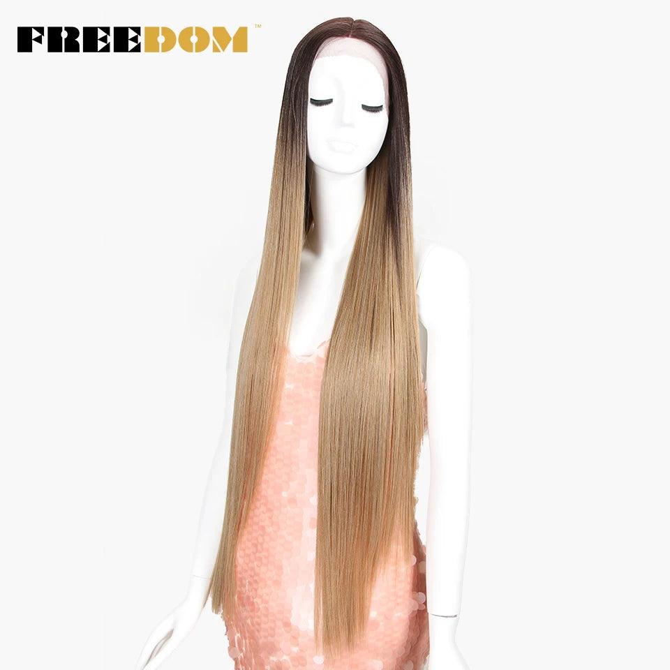 FREEDOM Synthetic Lace Front Wigs For Women Super Long 38Inch Ombre Blonde Highlight Ginger Straight Lace Wigs Cosplay Wigs - petguardiansupplies