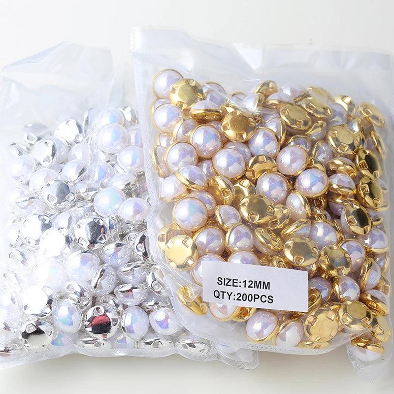 RESEN 6mm 8mm,10mm,12mm Sew On Pearls For Dresses With Claw Gold/Sliver Claw Rhinestones Round Pearl Button Sew On Stones - petguardiansupplies