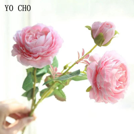 YO CHO Rose Artificial Flowers 3 Heads Pink White Peonies Silk Flower Wedding Garden Decoration Fake Flower Bouquet Peony Color - petguardiansupplies