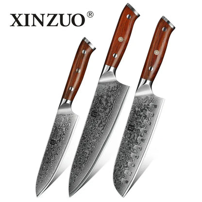 XINZUO 1PCS or 3PCS Kitchen Knife Sets Japanese Forged Damascus Steel Chef Santoku Knives Stainless Steel Rosewood Handle - petguardiansupplies