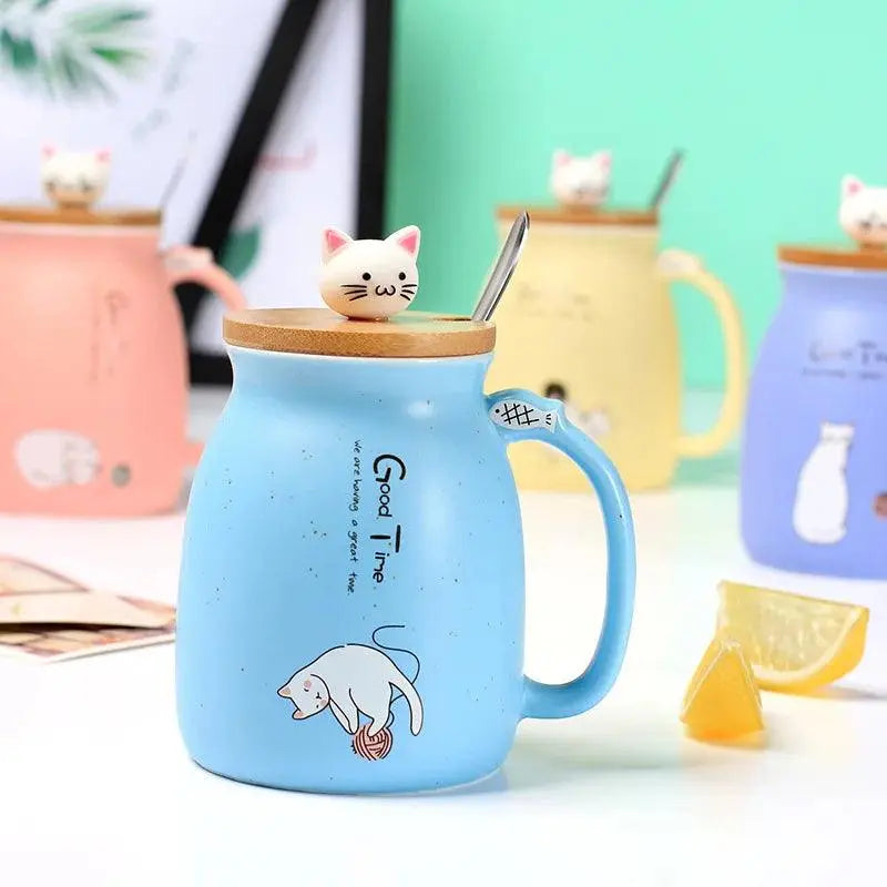 Creative color cat heat-resistant Mug cartoon with lid 450ml cup kitten coffee ceramic mugs children cup office Drinkware gift - petguardiansupplies